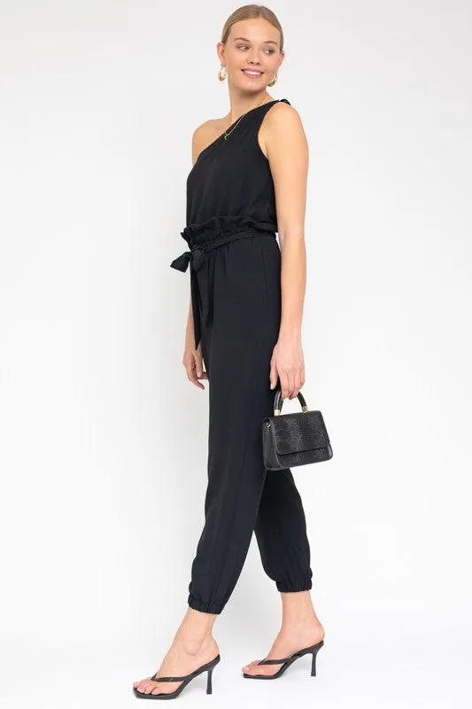 TEEK - Black Sleeveless One Shoulder Waist Tie Jumpsuit