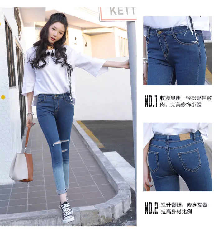 Trousers Gradient Pencil Jeans Ripped Hole Woman